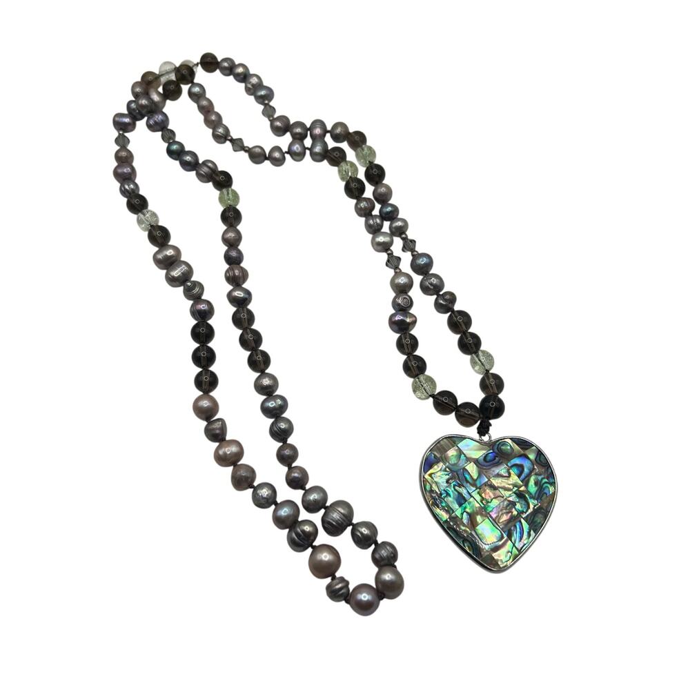 Paua Abalone Shell Mosaic Heart Neck Pendant Fresh Water pearls Mala Necklace